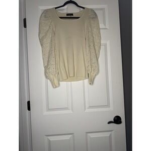 On Twelfth Long Sleeve Ribbed Puff Eyelet Lace Sleeve Top Large Cream  Nwt 42